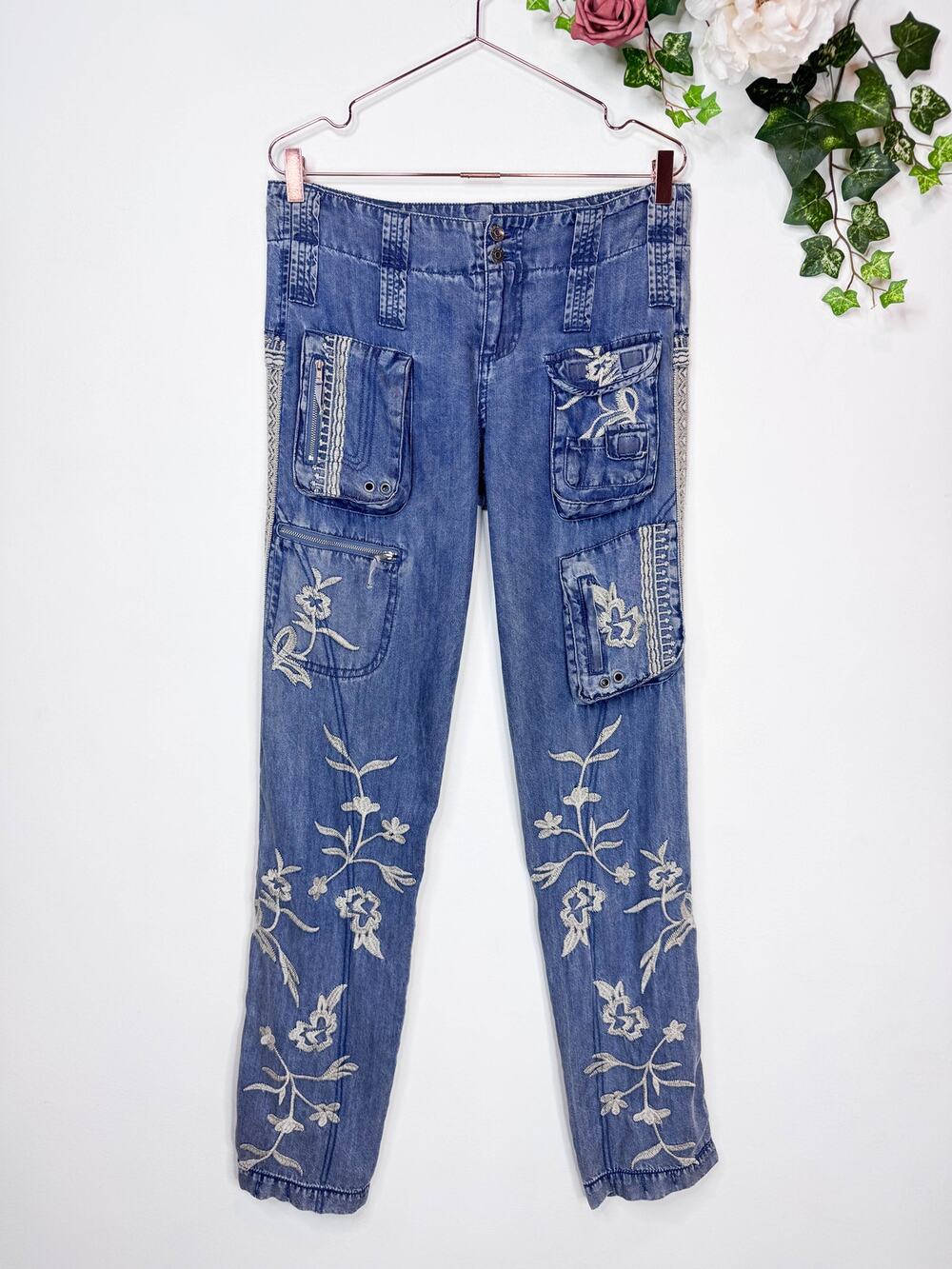 Johnny Was Leroile Embroidered Cargo Pants in Chambray Blue